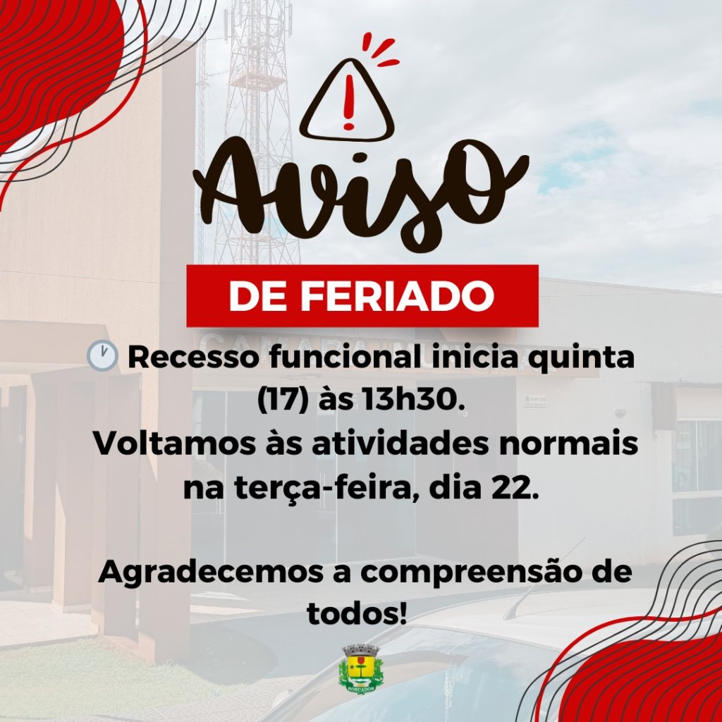 A Câmara Municipal de Roncador estará fechada nos dias 17, 18 e 21 de abril